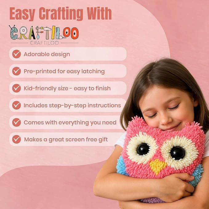 CRAFTILOO Latch Hook Kit for Kids Rug DIY Pillow Craft with Hook, Precut Yarn, Easy to Follow Pattern Cute Designs with Wise Owl Ages 6+