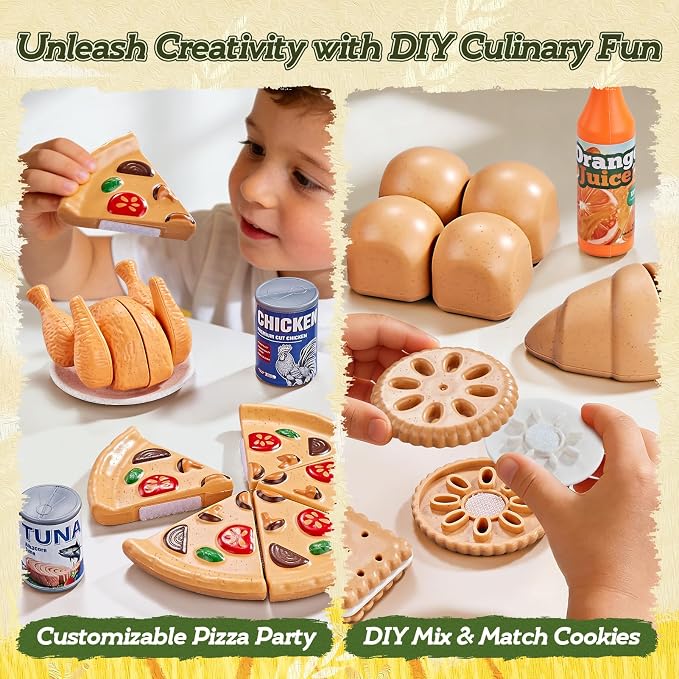 86Pc Wheat Straw Play Food for Kids Kitchen-Toy Food with 2 Baskets & Picnic Blanket, Realistic Cutting Pizza, Grocery Cans, Pretend Play Kitchen Accessories & Toddler Toys for Boys Girls 3+