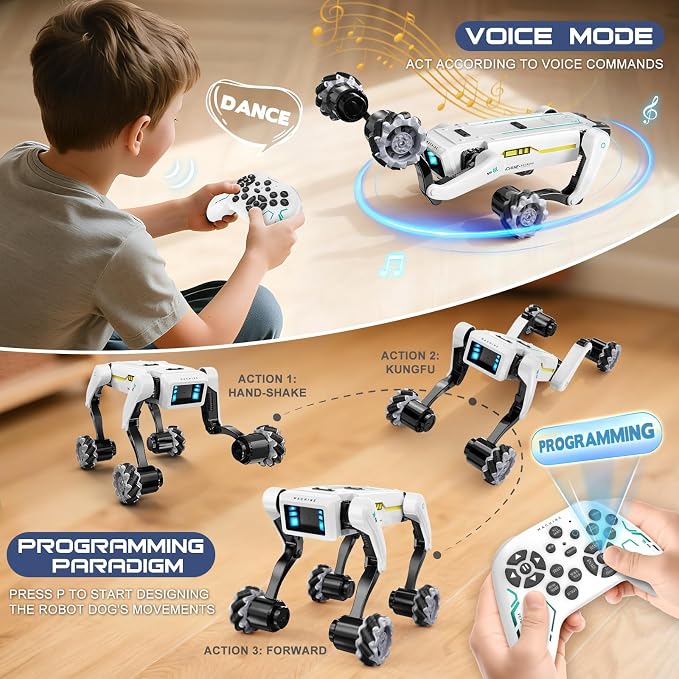 Smart Robot Dog with Wheels, 30+ Bionic Actions, Voice & Remote Control, Programmable Moves, Rechargeable Battery, All-Terrain Stunt Pet Toy for Kids
