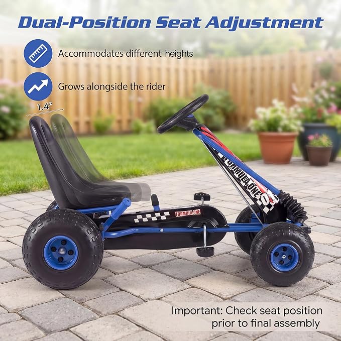 Costzon Pedal Go Kart, 4 Wheel Ride on Toy Pedal Car with Adjustable Seat, Forward/Backward & Handbrake, Outdoor Bicycle Go Cart with Wear-Resistant Wheels, Gift for Boys and Girls (Blue)