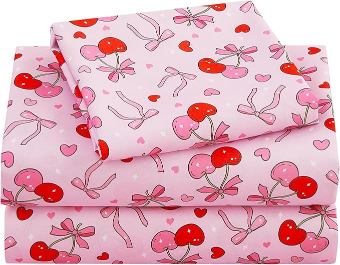 Viviland 3 Pieces Girls Bow Cherry Twin Sheet Set - Soft Microfiber Fitted Flat Sheets & Pillowcase Bed Sheet Set - Pink Bedding Sets for Kids