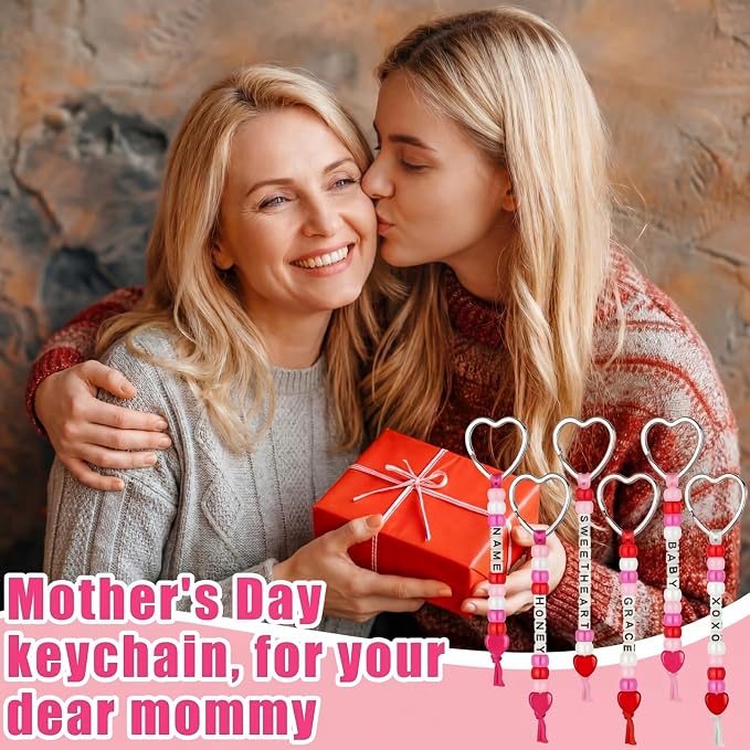 Landical 564 Pcs Mother's Day Keychain Craft DIY Heart Bead Keychain Making Kit Adjustable Letter Bead Galentine's Day Friendship Love Mom Gift Jewelry Accessories Valentine Party Favor(Sweet Color)