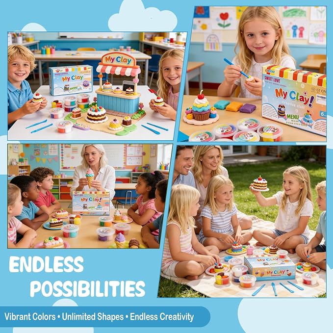 Dessert Clay Kit for Kids – 6 Sweet Treat Themes with Tools & Tutorial Cards | Cupcake Cookie Cake DIY | Soft Non-Sticky Air Dry Clay | Arts & Crafts Gift Ages 3+