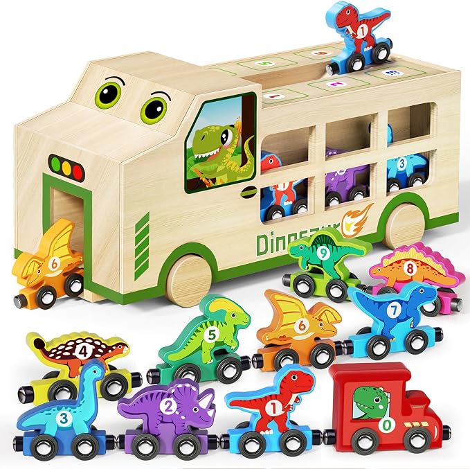 GJZZ Wooden Dinosaur Truck & 10 Magnetic Wooden Dinosaur Train Set | Montessori STEM Toys, Kids 2-5 Years, Toddler Learning Toys, Birthday Gifts for Boys and Girls