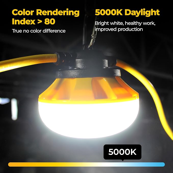 100FT 3-Prong Construction String Lights with Switch, LED Work Light, ETL Certified, IP65 Waterproof, Linkable up to 8 Sets, for Jobsite, Attic, Garage