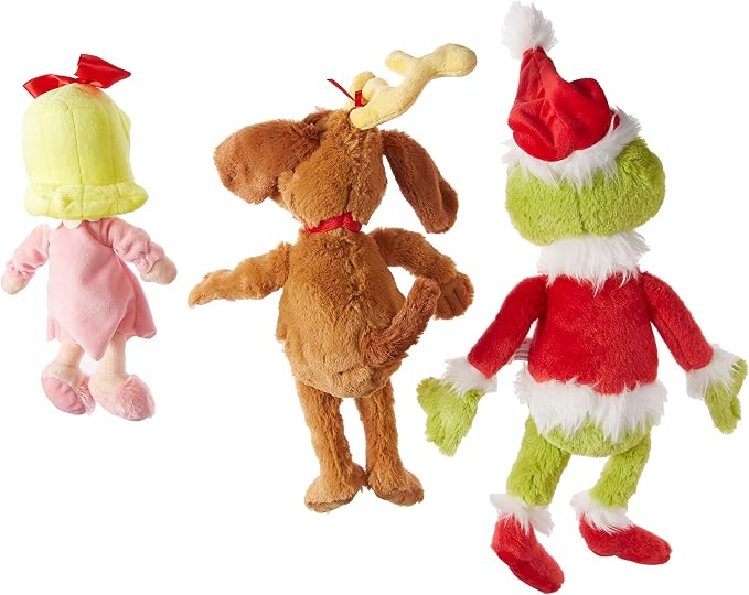 Aurora World Dr. Seuss Cindy Lou Who 12", Grinch Santa 19", & His Dog Max 18" Christmas Special Set of 3 Plush Toys, Multicolor