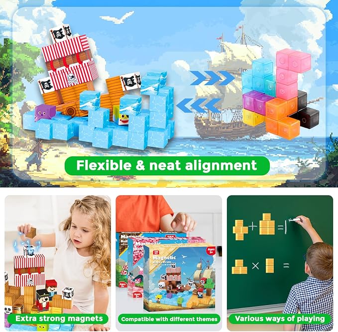 ToyUnited Magnetic Blocks - 100PCS Build Pirate-Ship World Set - Magnetic Building Cube Stacking, STEM Montessori Sensory Toys for Kids Boys Girls Ages 3 4 5 6 7 8 9 10 Easter Birthday Gifts
