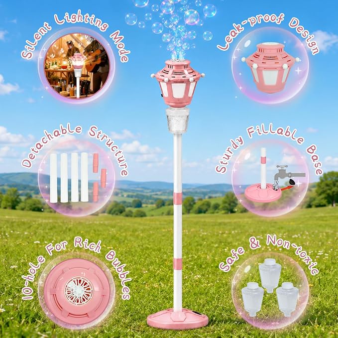 Bubble Machine for Kids Outdoor, 40" Adjustable Height Automatic Bubble Blower with Light & Rechargeable Battery, Bubble Maker Toy for Toddlers Party Birthday (Includes 3 Solution), Pink