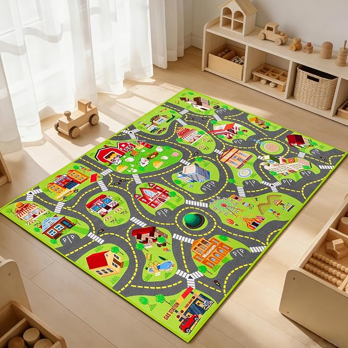 Kids Car Rug Play Mat, Non Slip City Road Carpet for Kids Toy Cars, Car Track Rug Play Mats for Floor, Educational Vehicle Rugs for Playroom Bedroom Kids Room, Machine Washable (60"X36", A)