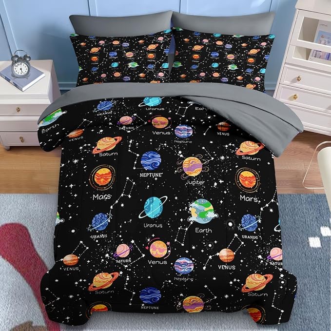 Nesker 7 Pcs Comforter Set Full Size, Cute Space Galaxy Bedding for Kids Teen, Planets Moon Stars with Fitted Sheet 2 Pillowcases & 2 Shams for Bedroom Bed Decor