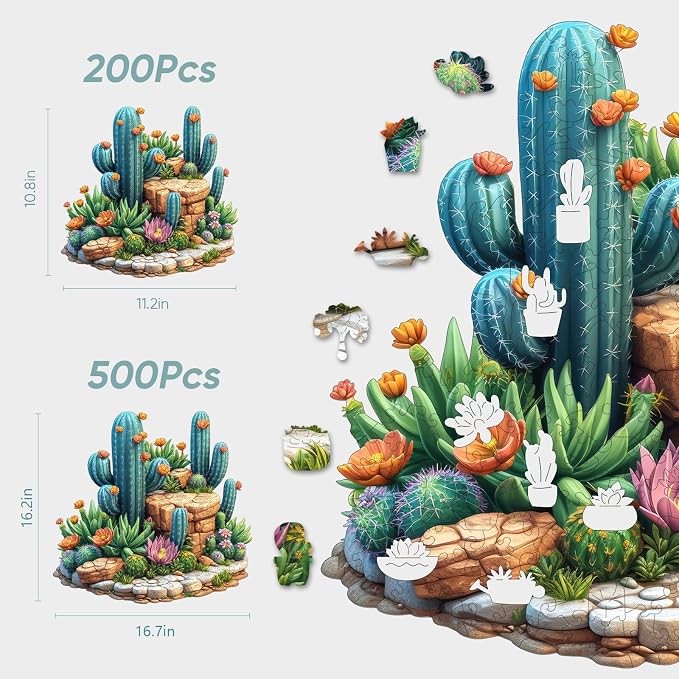 Delobil Succulent Cactus Wooden Puzzles for Adults, 200 Pieces Jigsaw Puzzles, Unique Shaped Medium Size Liberty Wood Puzzle Gift for Adults and Kids, Family Game 11.2'' x 10.8''
