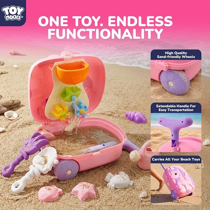 TOY Life Unicorn Suitcase Travel Sand Toy for Kids Beach Toy with Luggage with Wheels, Water Gear STEM Play Water Table, Shovels, Can, Sand Molds, Sandbox Beach Summer Toys for Toddlers Ages 3-8