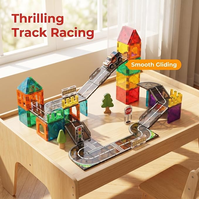 Magnetic Tiles Road Set, 89 PCS Magnetic Building Blocks with Roads, Bridges & Ramps, STEM City Building Toys for Kids Ages 3-8, Educational Construction Magnet Toys, Gifts for Boys Girls