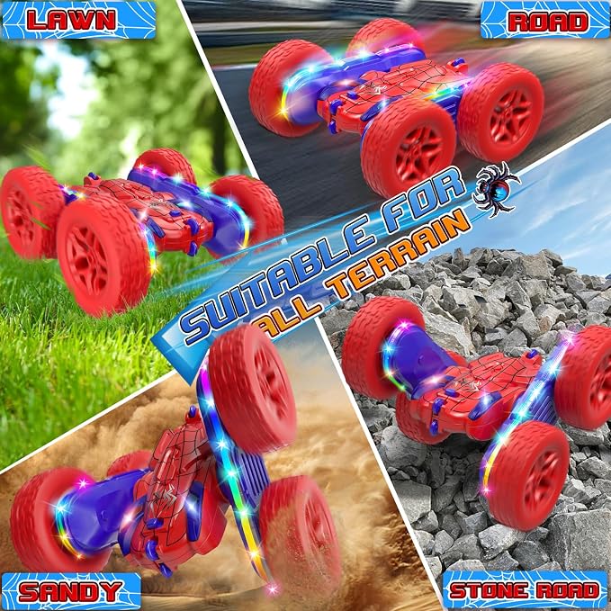 Jimdella Spider RC Cars Toys for Boys 4-6, 2.4GHz Remote Control Car with 26 LED Light System, 360° Flips, Changeable Wheels, Rechargeable All-Terrain Truck Gift for Kids Ages 4-8