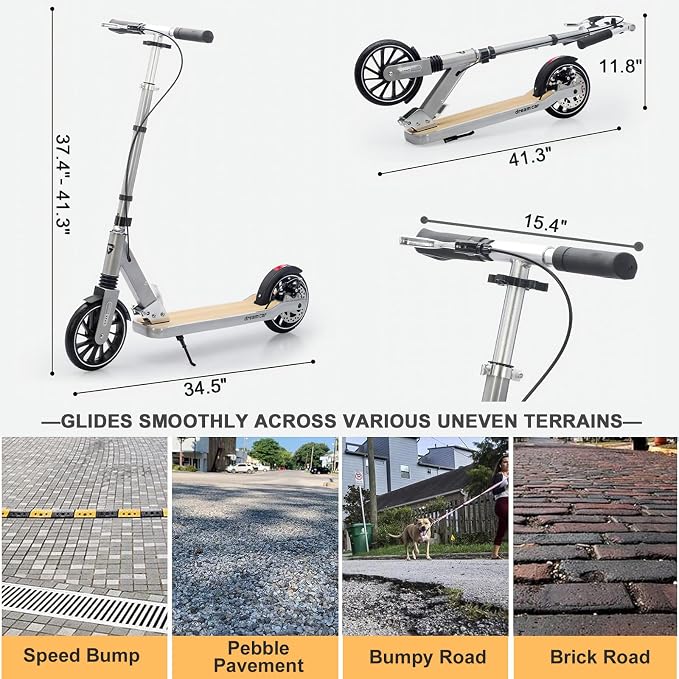 Scooter for Kids 8-12, Teens and Adults, Folding Kick Scooter with Adjustable Height, 8IN Big Wheels Scooters W/Anti-Shock Suspension, Up to 300 Lbs, Bearing ABEC9