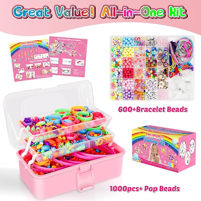 FUNZBO 1600 Pcs Pop Beads with Bracelet Making Kit, Jewelry Making Kit for Little Girls, Arts and Crafts Toys, Necklace Bracelet Ring Snap Set, Birthday Gifts for Kids Ages 3-9 Years Old
