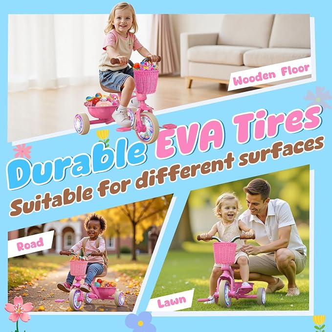 Kkdi Toddler Tricycle for 1-3 3-5 Year Olds, 2 3 4 5 Year Old Girl Birthday Gifts, Pink Toddler Baby Bike, Outdoor Riding Toys for Ages 2-4, 4-Level Adjustable Seat, 3 Color Light Wheels, 2 Baskets