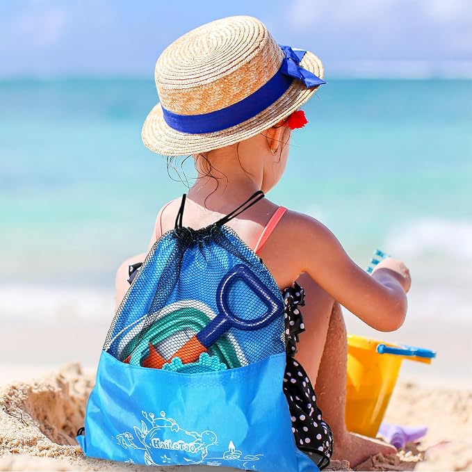 HaiLeTao Beach Toys Set for Kids -Collapsible Sand Bucket&Mesh Beach Bag and Shovels Sand Rake Toy 11Pcs Set, Animal & Dinosaur Molds,Fork,Rake&Watering Can for Toddlers Ages 3+