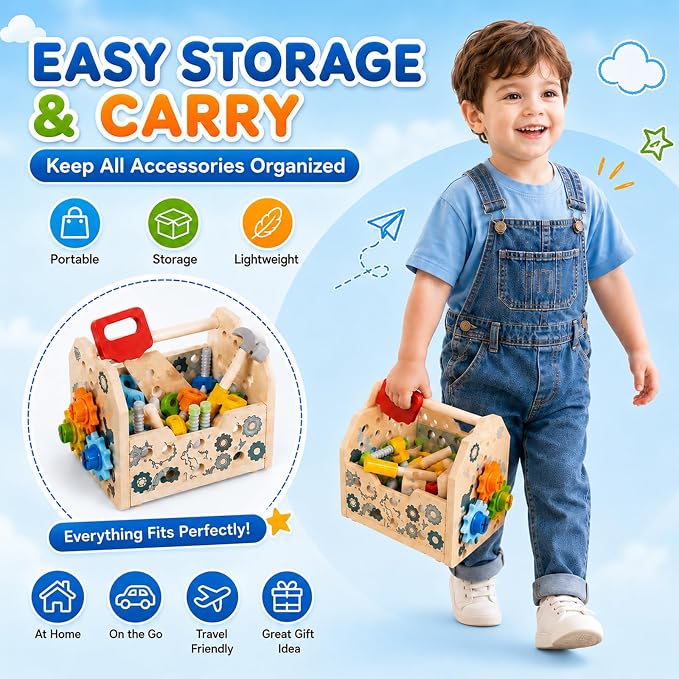 Kids Tool Set Toy, Wooden Building Tools Set with Hammer, Saw, Screwdriver, Gears, Montessori STEM Educational Construction Toy, Pretend Play Repair Tools for 3+ Year Old Boys & Girls, Birthday Gift