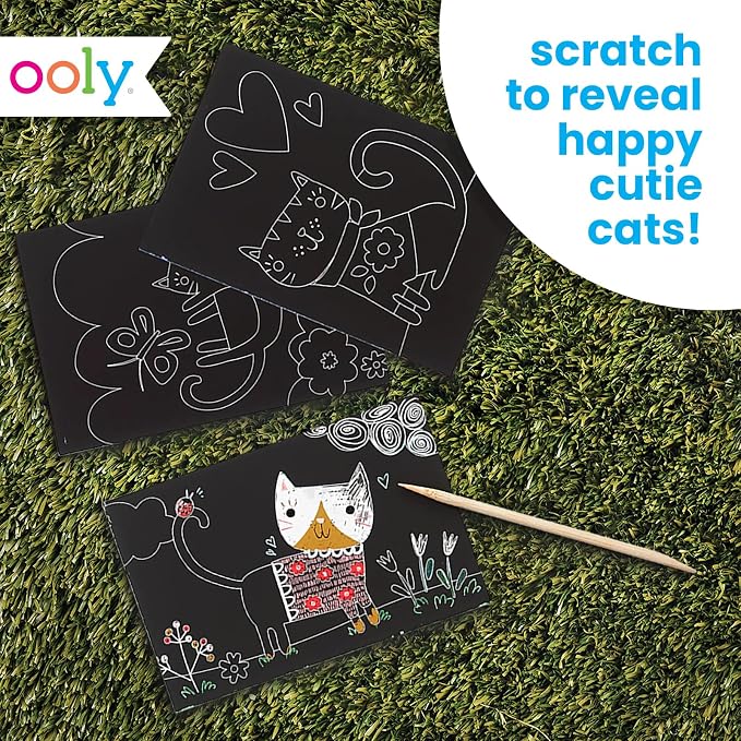 Ooly Mini Travel Crafts for Kids – 6 Card Scratch Art Kit, Compact Car & Airplane Activity, Wooden Stylus Included – Cutie Cats