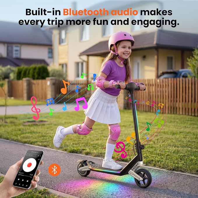 Electric Scooter for Kids Ages 6-12, Shock Absorption, 3/6/10 MPH, 3 Heights, 150W Motor, 6.5" Solid Tire, Foldable Lightweight Kids Electric Scooter with LED Display, Bluetooth & RGB Lights