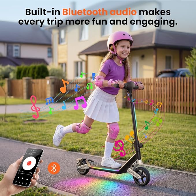 Electric Scooter for Kids Ages 6-12, Shock Absorption, 3/6/10 MPH, 3 Heights, 150W Motor, 6.5" Solid Tire, Foldable Lightweight Kids Electric Scooter with LED Display, Bluetooth & RGB Lights