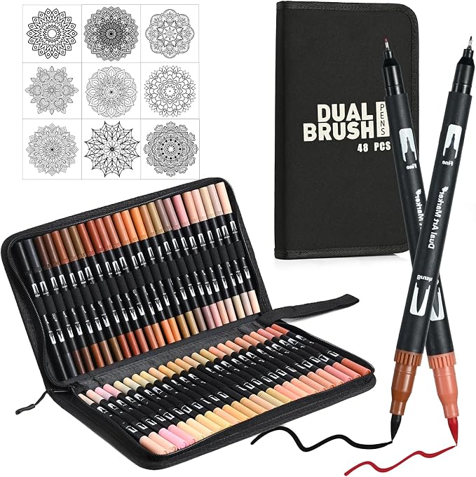 48 Color Skin Tone Double Tip Brush Pens Art Markers,Colored Artist Fine Brush Pen Coloring Markers for Adult Drawing Art Craft Kit