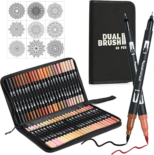 48 Color Skin Tone Double Tip Brush Pens Art Markers,Colored Artist Fine Brush Pen Coloring Markers for Adult Drawing Art Craft Kit