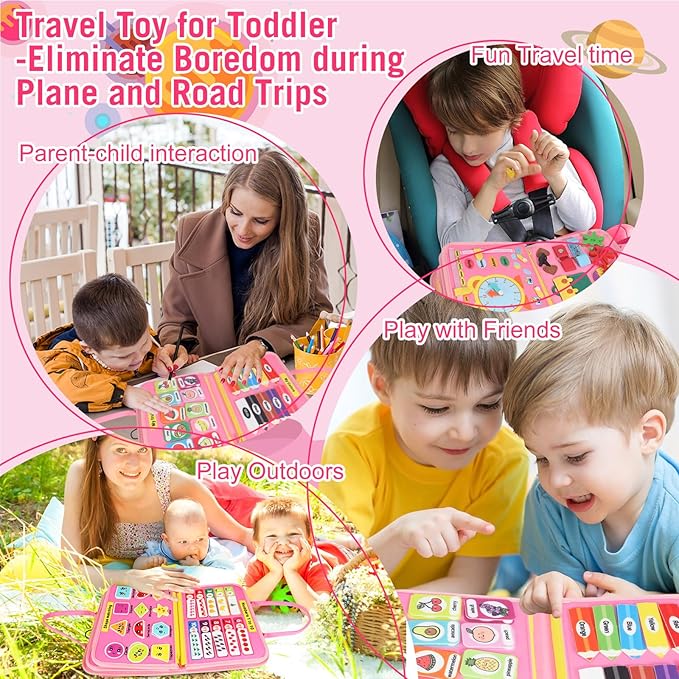 URBAN TOYS Toddler Busy Board for Kids Ages 3+, Montessori Busy Book, Sensory Learning Toy for Fine Motor Skills, Toddler Travel Essential for Airplane & Car, Gift for Boys & Girls