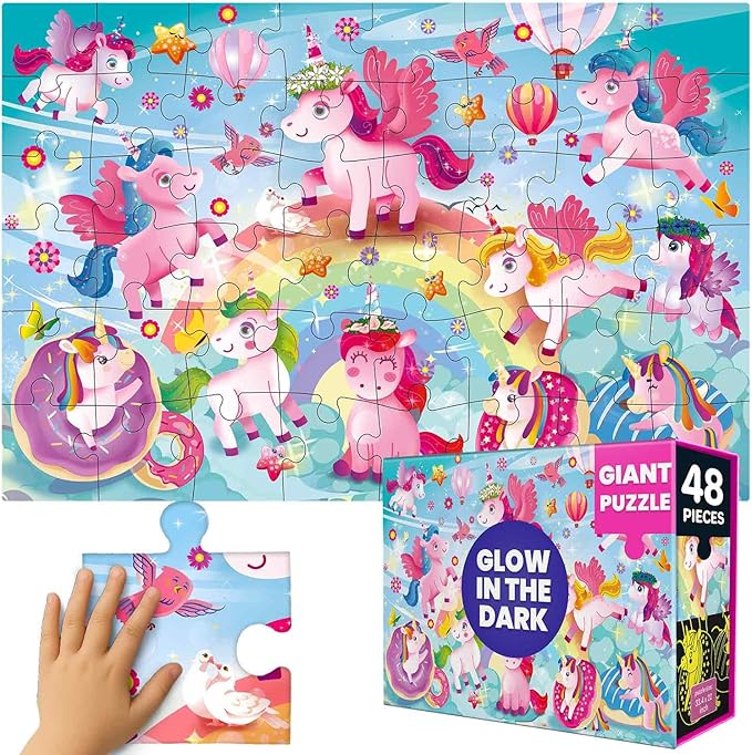 QUOKKA Giant Floor Puzzles for Kids Ages 4-6 – 2x3 Ft Glow in the Dark Jumbo Jigsaw Puzzles for Kids Ages 3-5 – 48 Large Pieces Magic Fantasy Unicorn Scene for 4-8 yo – Toy with Gift Box for Toddlers