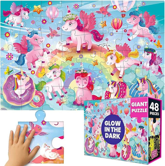 QUOKKA Giant Floor Puzzles for Kids Ages 4-6 – 2x3 Ft Glow in the Dark Jumbo Jigsaw Puzzles for Kids Ages 3-5 – 48 Large Pieces Magic Fantasy Unicorn Scene for 4-8 yo – Toy with Gift Box for Toddlers