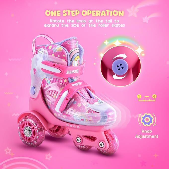 SULIFEEL Adjustable Roller Skates for Girls Boys Kids,Fun Illuminating Light Up Flash Wheels Three-Point Type Balance Suitable for Beginners Indoor Roller Skating