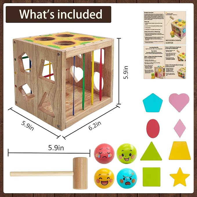 Wooden Activity Cube for Baby,Shape Sorters for Toddlers 1-3, Developmental Toy, Hammer Pounding & Sensory Blocks, Gift for Boys and Girls