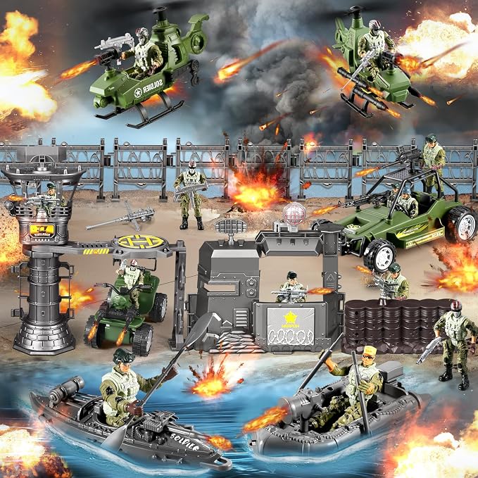 87-in-1 Army Men Toys Sets for Boys 4-7 8-12 , Military Base/Truck/Helicopter/Kayak Boat/Motorcycle/Army Men Action Figures/Weapon Gears, Army Toys for Boys Kids Birthday Gifts Party Favors
