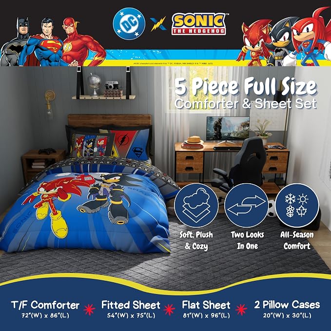 DC x Sonic The Hedgehog Kids Bedding Set, Full Size, 5-Piece Super Soft Cozy Reversible Comforter & Sheet Set (Officially Licensed Product) by Franco