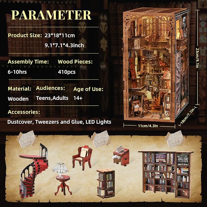 CCCDF Book Nook Kit, DIY Miniature Dollhouse Library Booknook Kit for Adults and Teens, Tiny House Bookshelf Decor with LED Light, Gifts for Family and Friends (Abbey Library)