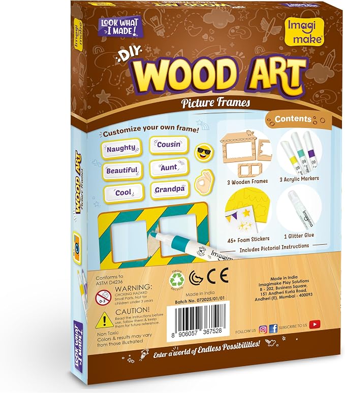Imagimake DIY Wood Art Photo Frame | 45+ Foam Stickers | Glitter Glue | 8 Year Old Girl Gifts & Boys Gifts | Art Set for Kids Ages 5-8 | Wooden Painting Crafts for Kids Age 5,6,7,8 & Above