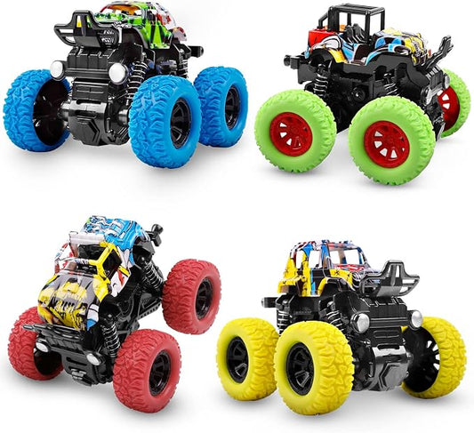 M SANMERSEN Monster Truck Toys for Kids, Friction Cars for Toddlers Push and Go 360° Rotating Stunt Car for 3+ Year Old Boys Girls Gifts (4 Pack - Blue/Green/Red/Yellow)