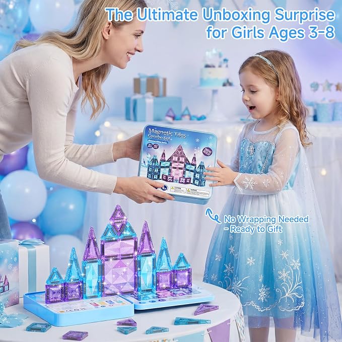 burgkidz Magnetic Travel Tiles for Kids 3-8: 42PCS Large & Small Ice Blue Purple Glitter Blocks – 2-in-1 Storage & Base – 90+ Min Quiet Play, 300+ Builds, 30s Cleanup – Car & Plane Toys for Girls
