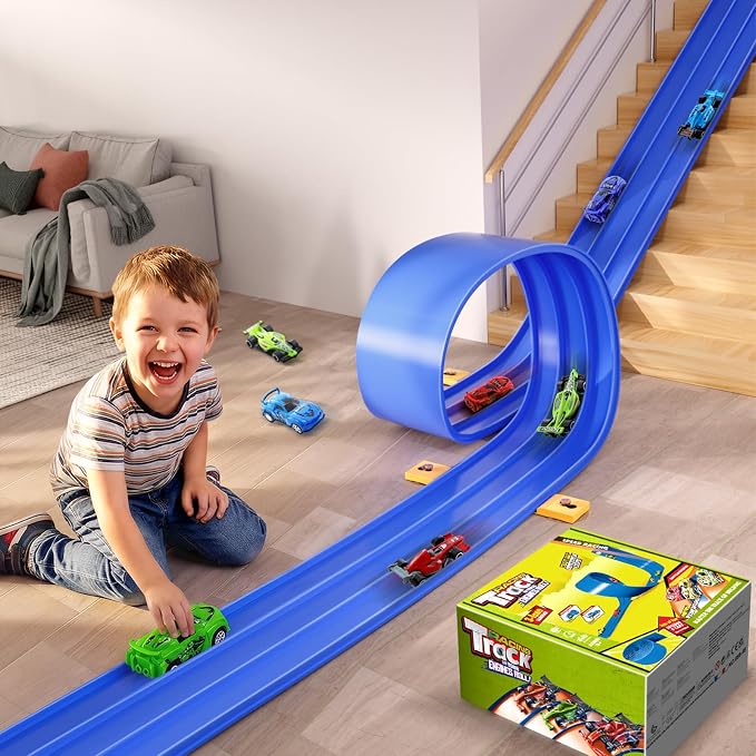 3-Lane Flexible Race Track Toy Set - 16.4 Ft DIY Racetrack with Strong Suction Cups, Portable Roll-Up Car Track for Kids Compatible with 1/64 Diecast Cars