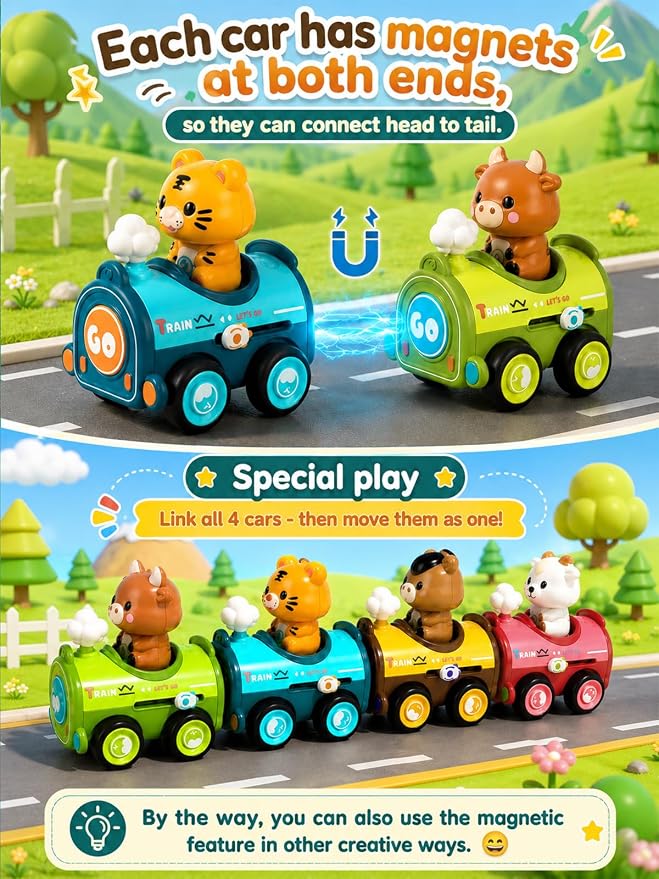 Magnetic Connect & Press to Go Car Toys, 4 Pack Animal Racing Cars with Detachable Finger Puppets, Fine Motor Push Down Vehicle Set for Toddlers 1-3, Birthday Gift for 12-18 Months Baby