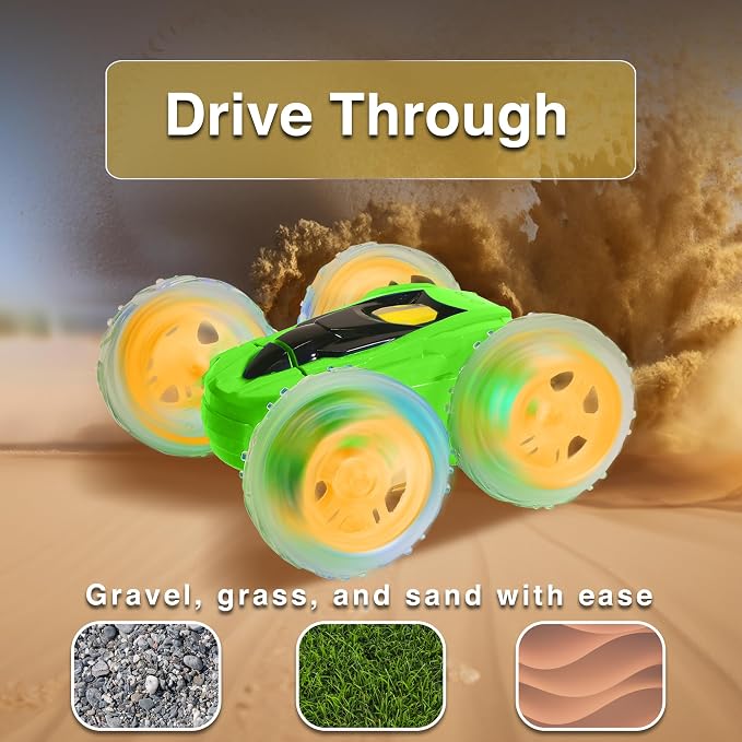 Contixo SC3 RC Stunt Car for Kids, Green, 2.4GHz 4WD Remote Control Car with 360° Rotating Flips, Double-Sided Driving, LED Lights, Rechargeable Toy Car for Girls & Boys Ages 4-12