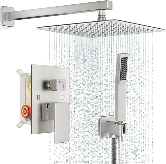 FPXRNG Shower Faucet Set Bathroom Square Rain Shower Head and Handle Set, Wall Mounted Shower Fixtures, Full Metal Trim Repair Kit 12 inch Brushed Nickel (With Shower Valve)