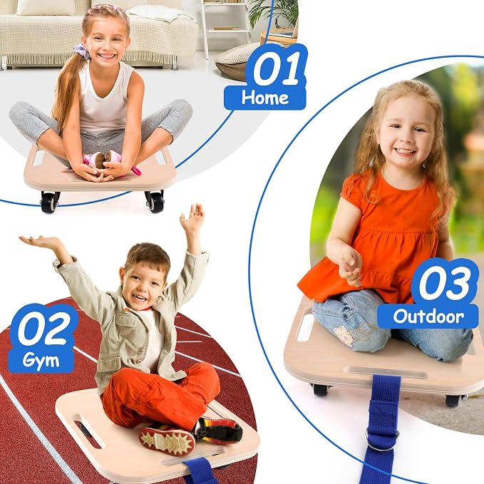 Kids Sitting Scooter Board with Universal Wheels and Handles, Safety Wooden Scooter for Kids Ages 3+ Manual Sport Scooters for Indoor & Gym Class