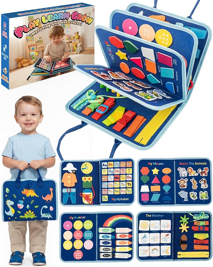 Dinosaur Busy Board for Toddlers, 8-Page Blue Sensory Activity Book with Buckles & Zippers, Montessori Learning Toy for Fine Motor Skills, Screen-Free Airplane Travel Toy for Boys