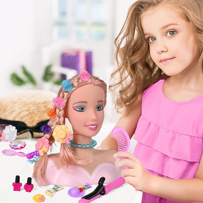 36PCS Doll Head Hair Styling Makeup Toy Set Kids Pretend Play Styling Set with Hairdryer Curling Iron Crown Accessories Beauty Stylist Kit Gifts for 3 4 5 6+ Years Old