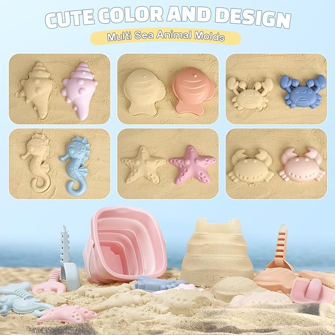 Dreamon Beach Toys Set for Kids 3-10, Collapsible Sand Buckets with Beach Molds and Mesh Bag, 3 Pack Shovels Set Sand Toys for Beach, Sandbox Travel Toys for Toddlers Kids