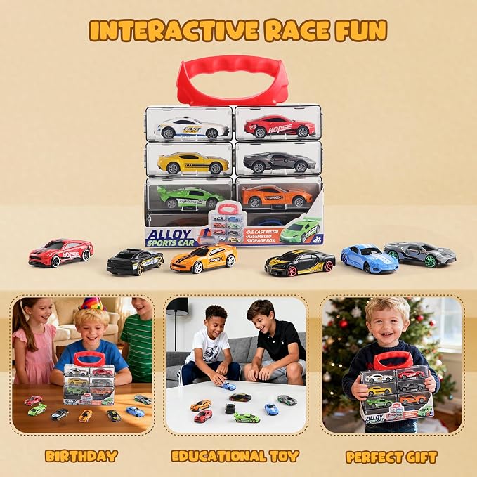 Die Cast Pull Back Toy Cars, 4 Pack 1:64 Mini Cars with (Big) | 4 pull-back die-cast mini cars with a portable storage case for racing, collecting, sharing, and travel play.
