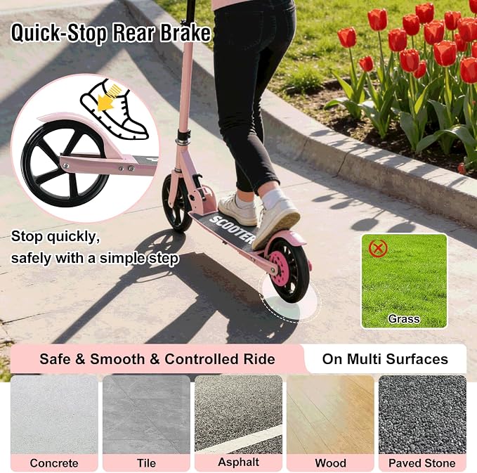 Scooter for Age 6+, Folding Kick Scooters for Kids 8-12,Teens, Adults up to 250Lbs,3 Adjustable Heights, Rear Brake, Wide Antislip Deck, Lightweight Scooter for Boys Girls