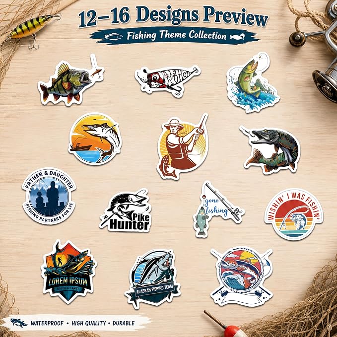 QTL Fishing Stickers for Men Adults, Fishing Party Supplies, Waterproof Vinyl Stickers for Water Bottles and Laptop, 60PCS
